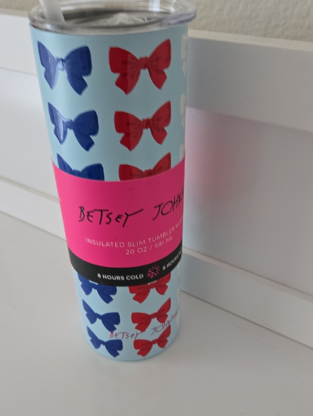 Betsey Johnson Light Blue Tumbler with Red & Blue Bows 20 oz nwt